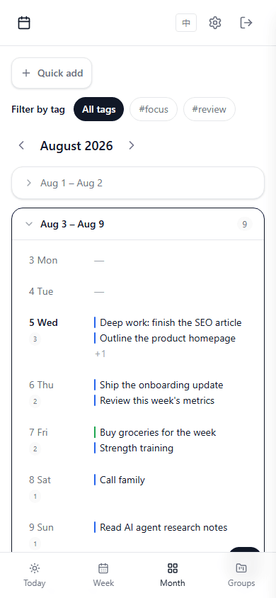 WeekOrbit 2026 month view with a real planning schedule